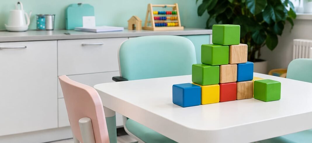 Sala de atendimento infantil com mesa, cadeiras e blocos coloridos, representando um ambiente de aprendizagem e intervenção comportamental.
