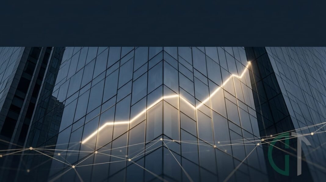 Fachada de edifício corporativo reflete gráfico ascendente e rede de conexões digitais, em alusão ao semestre recorde do crowdfunding de investimento.