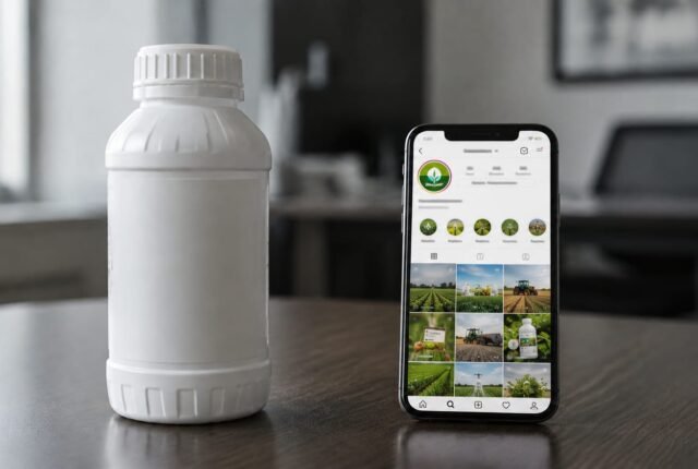 Frasco genérico de defensivo agrícola ao lado de um celular exibindo um perfil fictício do setor nas redes sociais, em ambiente corporativo.
